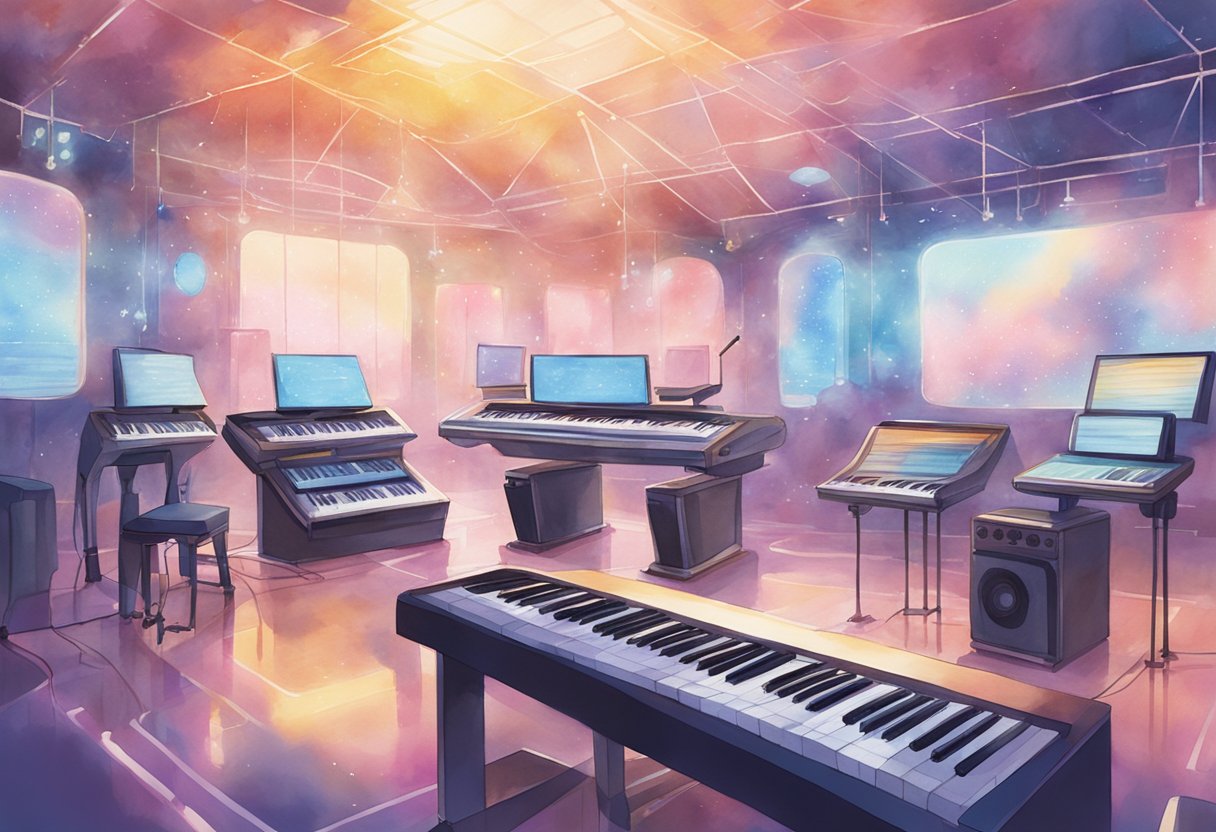 A futuristic AI music studio with glowing screens, floating musical notes, and robotic arms composing music