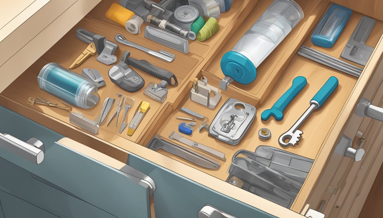 A hand reaches for a drawer cabinet key, unlocking it. Inside, various organizing tools and supplies are neatly arranged. A cloth is used to wipe down the cabinet, keeping it clean and well-maintained