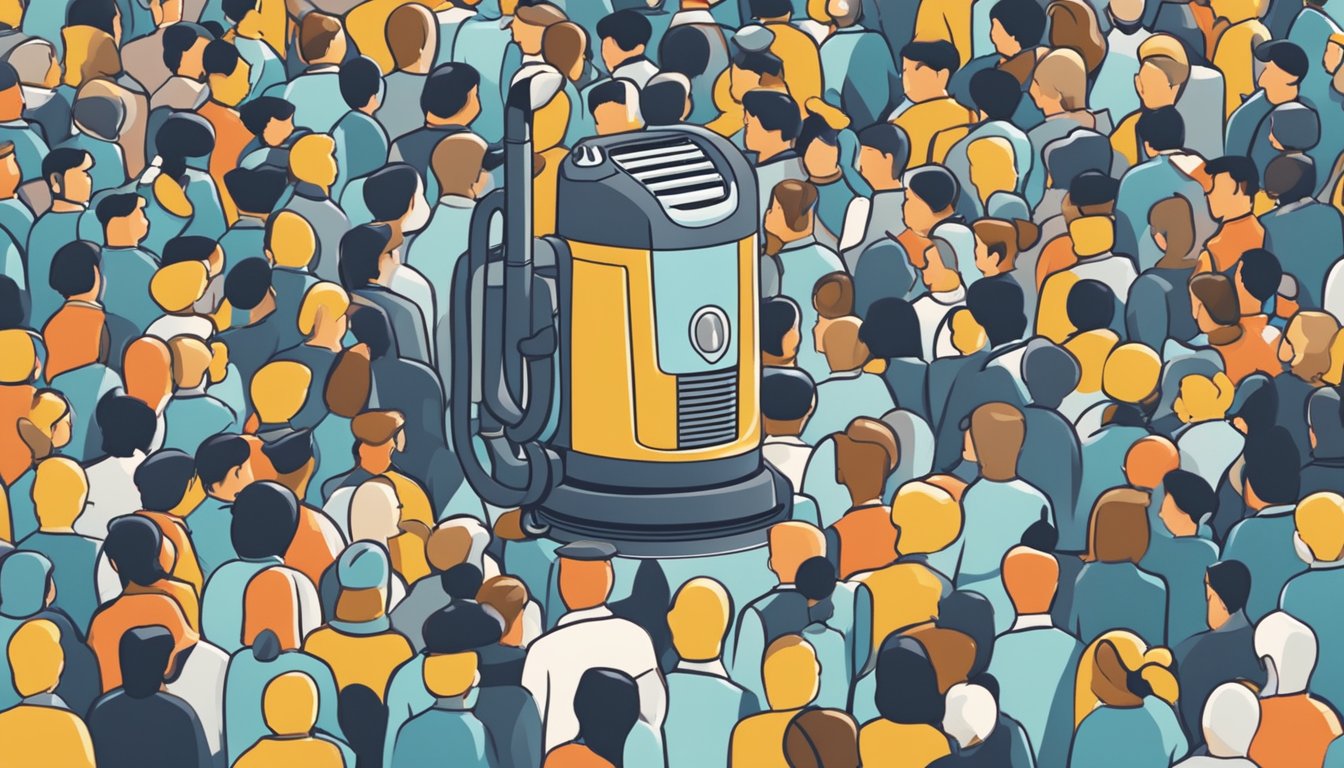 A vacuum cleaner surrounded by question marks and a crowd of people in Singapore