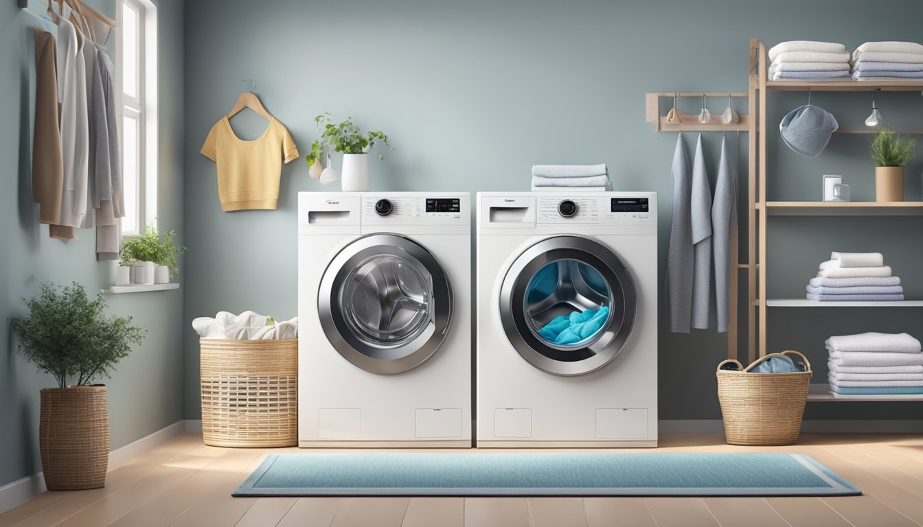 A Midea washing machine sits in a modern laundry room, surrounded by neatly folded towels and a basket of colorful clothes