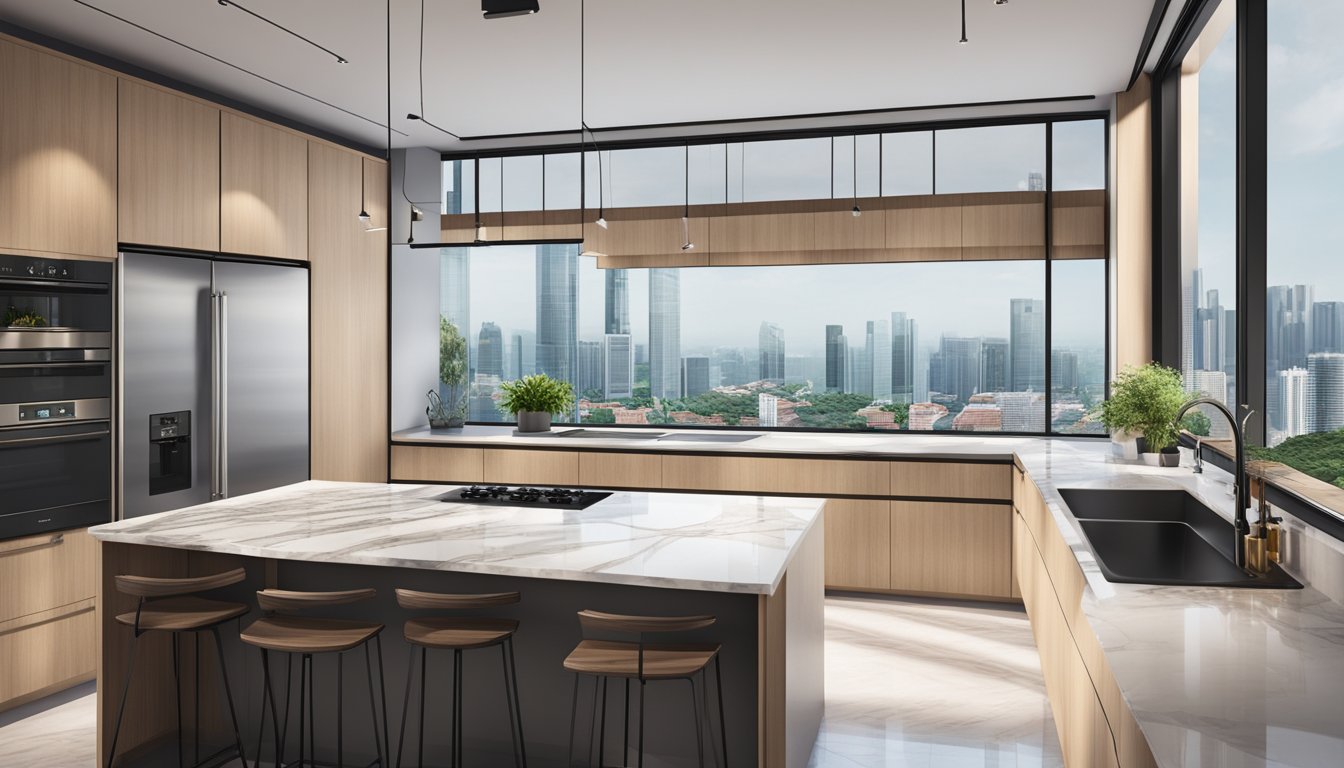 A modern kitchen in Singapore with sleek cabinets, marble countertops, and a large window overlooking the city skyline