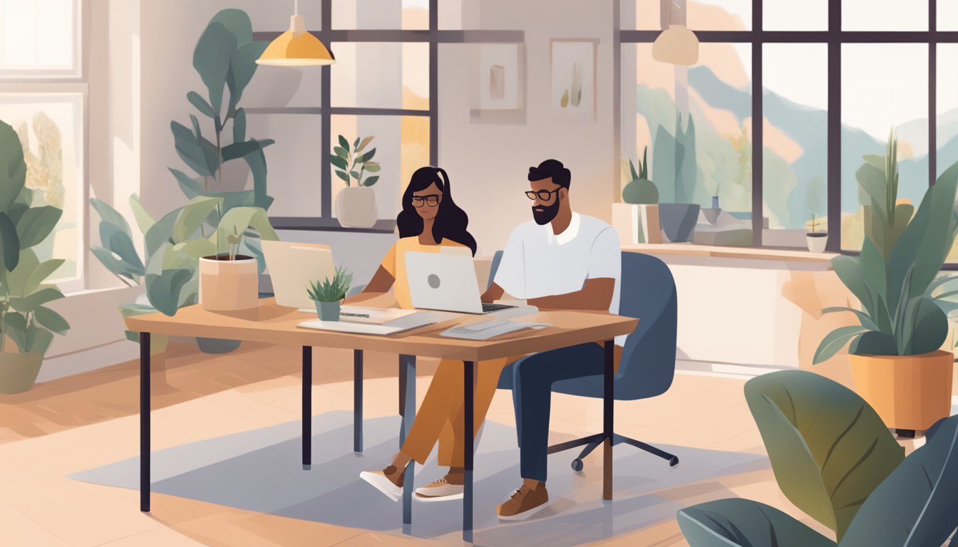 A couple sits at a desk, researching wedding loan options online. A laptop and paperwork are scattered across the table. The room is filled with natural light, creating a warm and inviting atmosphere