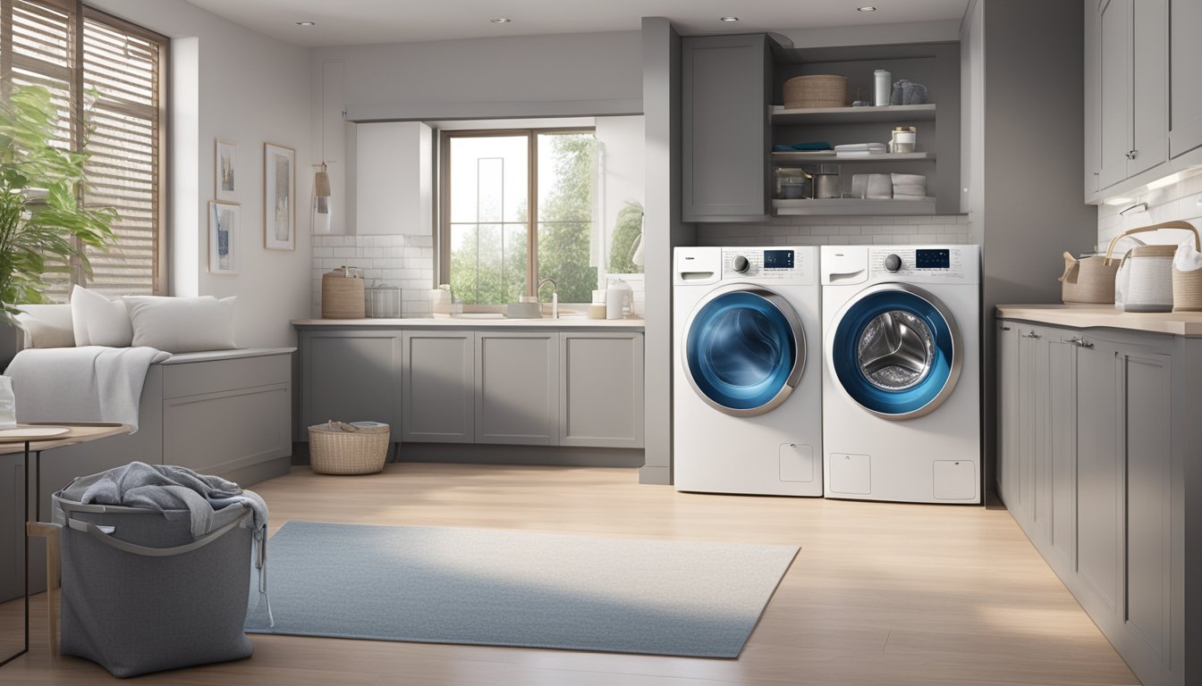 A midea washing machine sits in a modern laundry room, surrounded by neatly folded laundry and detergent. The machine's digital display glows softly, indicating it is ready for use