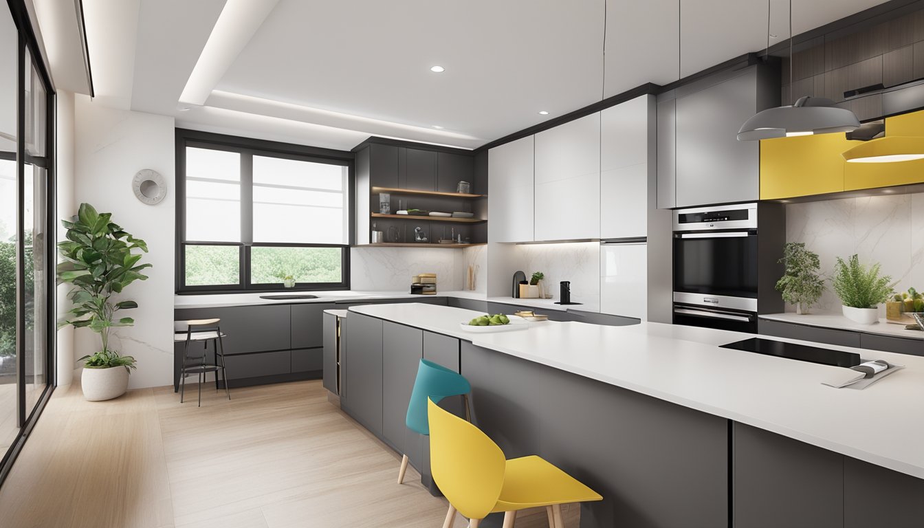 A modern HDB kitchen with sleek, space-saving cabinets, integrated appliances, and a minimalist design. A pop of color adds vibrancy to the clean, functional space