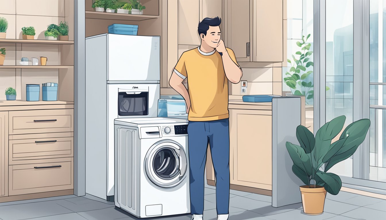 A smiling customer calls Midea support while standing next to a Midea washing machine. The support agent listens attentively and provides helpful assistance