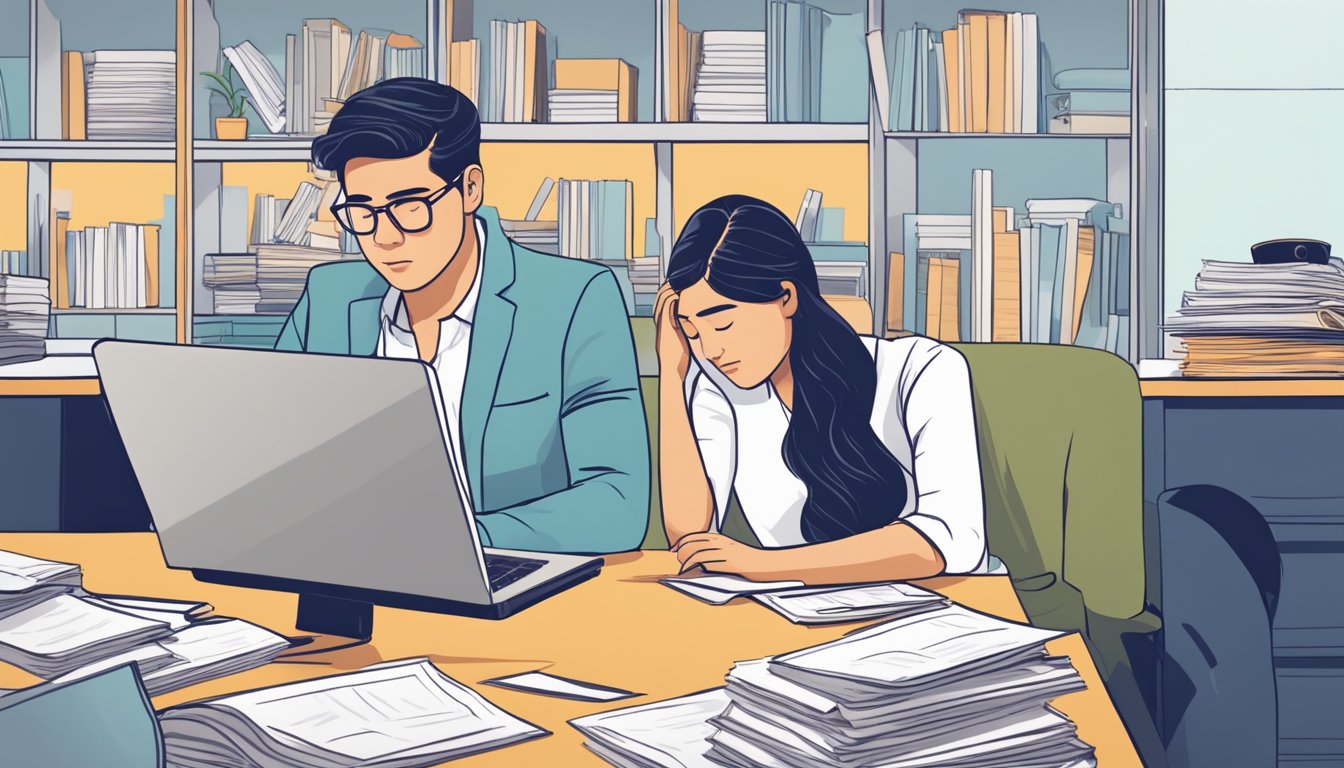 A couple sitting at a desk, surrounded by paperwork and a laptop. They appear stressed as they search for information on getting a wedding loan with bad credit in Singapore