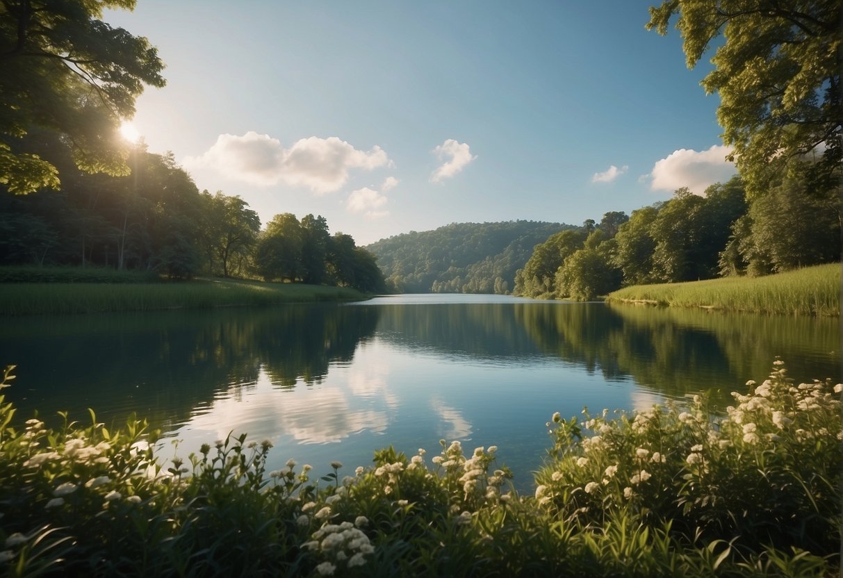 A serene landscape with a calm body of water, surrounded by lush greenery and gentle wildlife, evoking a sense of peace and tranquility