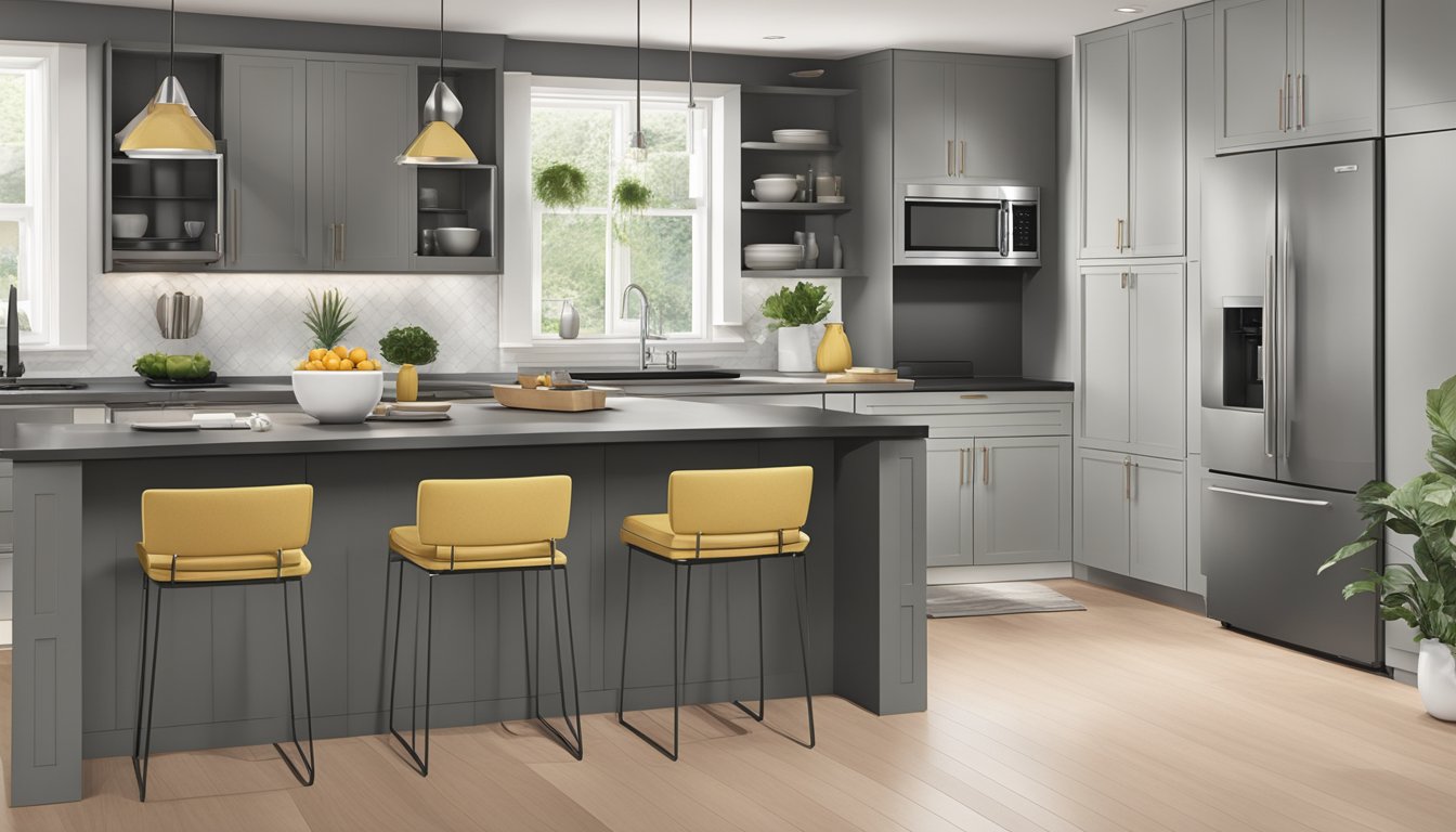 A modern kitchen with sleek countertops, built-in appliances, and ample storage space. The color scheme is neutral with pops of vibrant accents