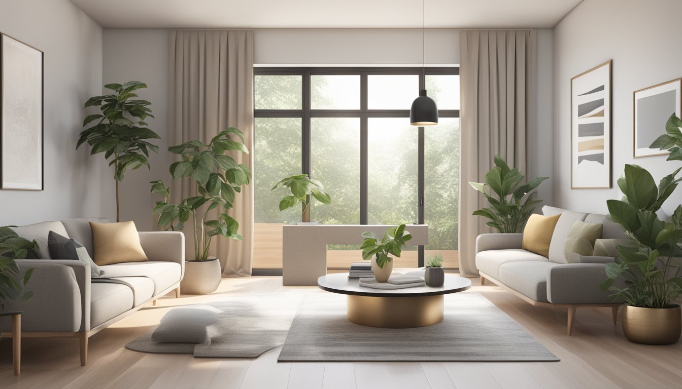 A modern living room with clean lines, neutral colors, and minimalistic furniture. A large window lets in natural light, and plants add a touch of greenery