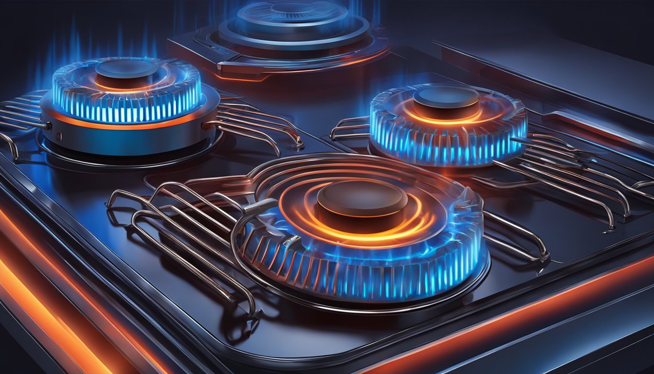 An electric stove glows red-hot, with blue flames dancing beneath the metal coils