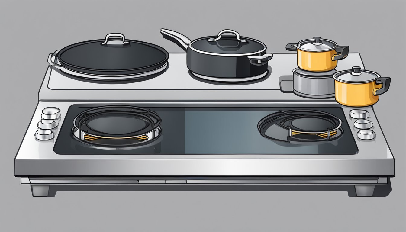 An electric stove with four burners, a smooth glass cooktop, and digital temperature controls. A pot of boiling water steams on the front burner, while a skillet sizzles on the back