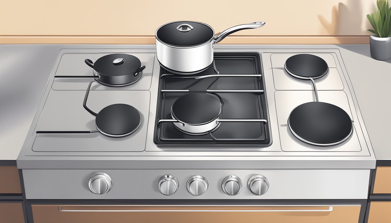 A hand reaches out to adjust the temperature knob on a sleek, modern electric stove, with pots and pans neatly arranged on the burners