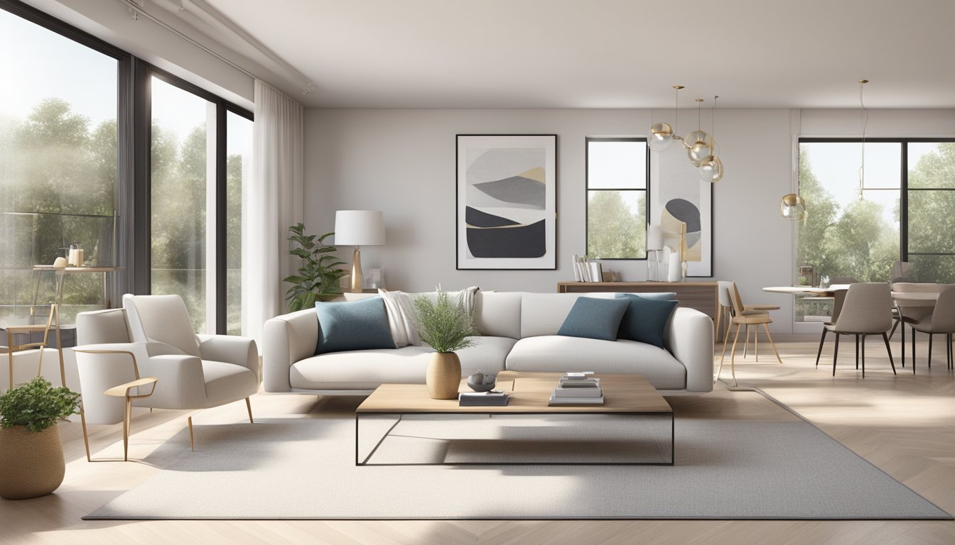 A room with modern furniture, clean lines, and minimalistic decor. A neutral color palette with pops of bold accents. Open floor plan with natural light