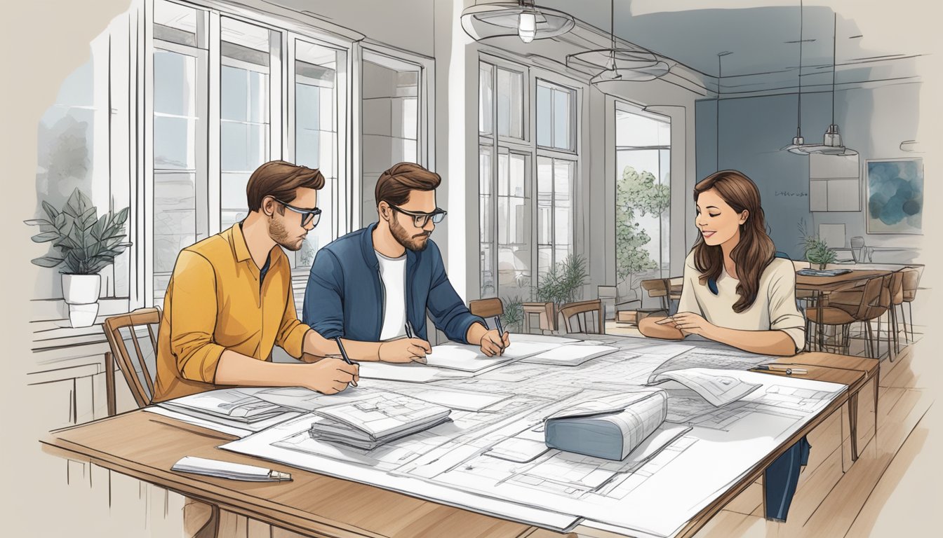 A couple sits at a table, sketching out plans for their dream home renovation. Blueprints and design magazines are spread out around them, as they discuss ideas and make notes