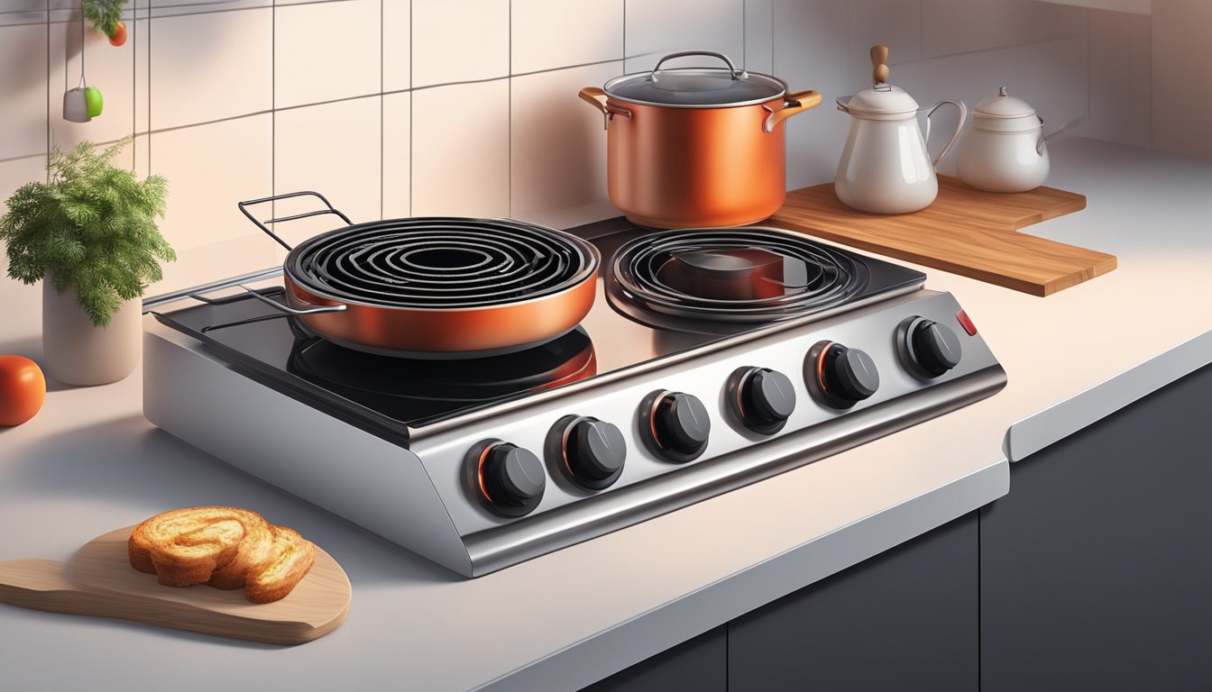 An electric stove with a glowing red-hot coil, emitting heat and light, sits on a clean, modern kitchen countertop