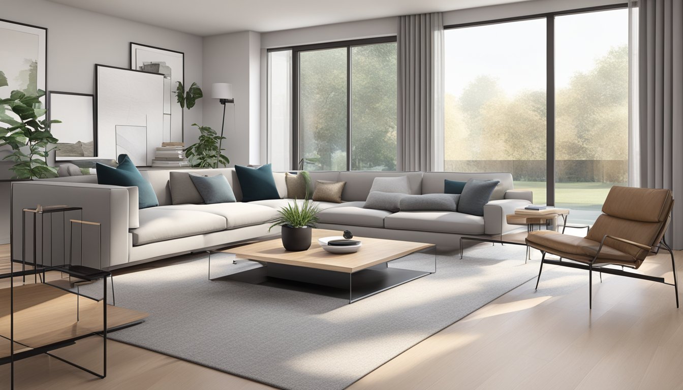 A modern living room with sleek furniture, clean lines, and a neutral color palette. The space features a mix of metal, glass, and wood materials, with minimalistic design elements