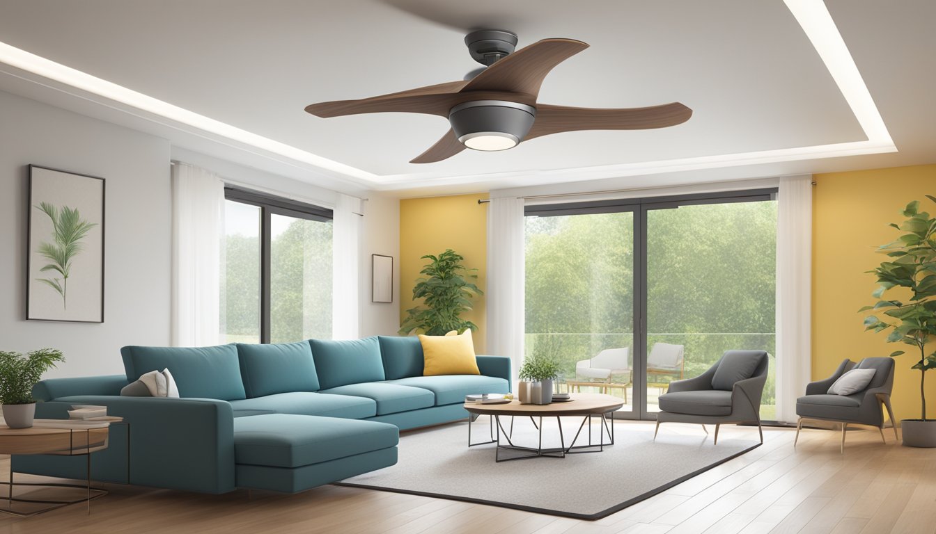 A bladeless ceiling fan spins silently, creating a gentle breeze in a modern, minimalist living room