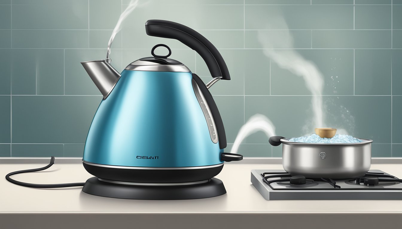 An electric kettle sits on a kitchen countertop, steam rising from its spout as it boils water