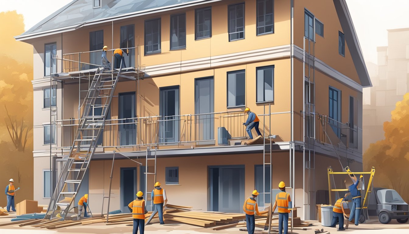 A construction crew works on renovating a house, with tools and materials scattered around the site. Scaffolding and ladders are set up against the exterior of the building