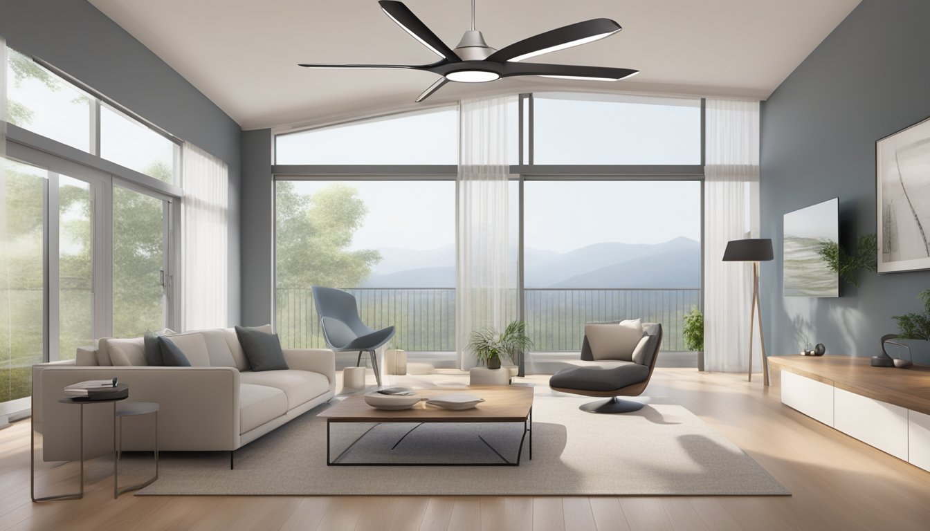 A modern, bladeless ceiling fan suspended from the center of a sleek, minimalist room. The fan's innovative design and features are highlighted, with a focus on its smooth, aerodynamic shape and advanced technology