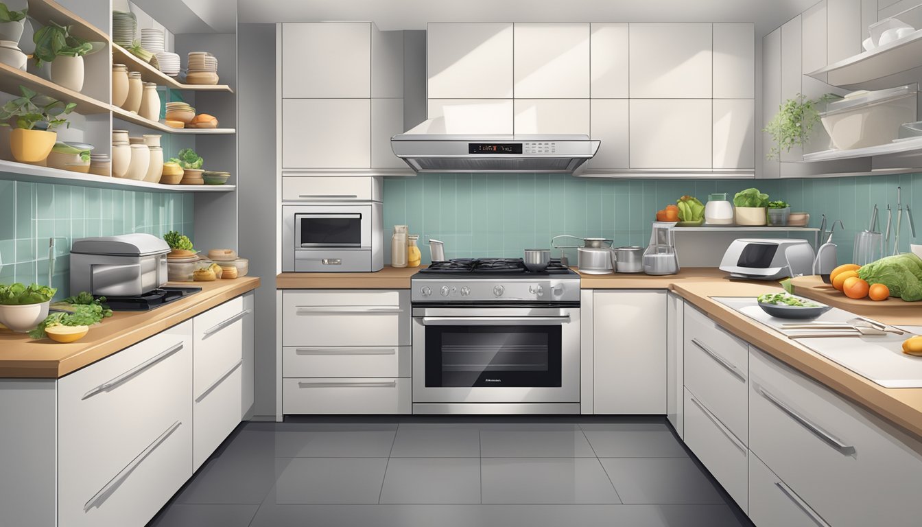 A modern kitchen with a sleek microwave oven, surrounded by various food items and utensils, showcasing the versatility of microwave cooking in Singapore