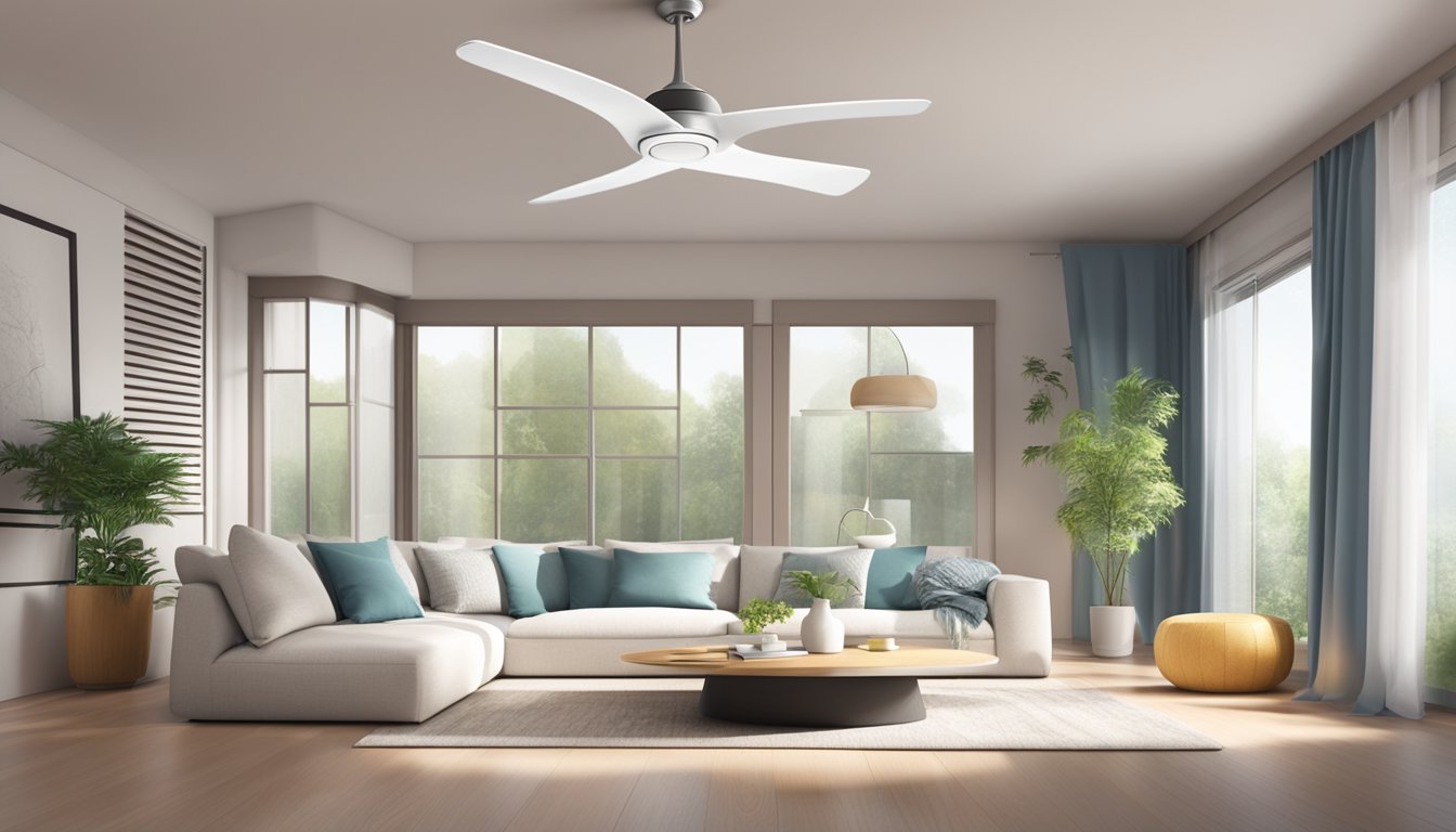 A modern living room with a sleek bladeless ceiling fan, casting a gentle breeze and creating a comfortable and efficient atmosphere