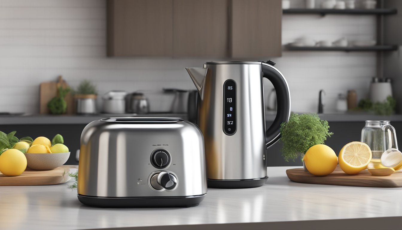 An electric kettle sits on a sleek, modern kitchen countertop, with its stainless steel body and illuminated buttons showcasing its stylish design and user-friendly features