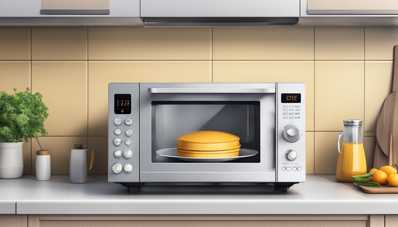 A microwave oven sits on a clean, modern kitchen countertop, with a digital display and various buttons for settings. A plate of food rotates inside the oven, and steam rises from the hot dish