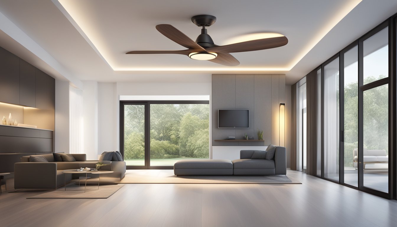 A modern, sleek bladeless ceiling fan suspended from the center of a room, with a soft glow illuminating the surrounding space