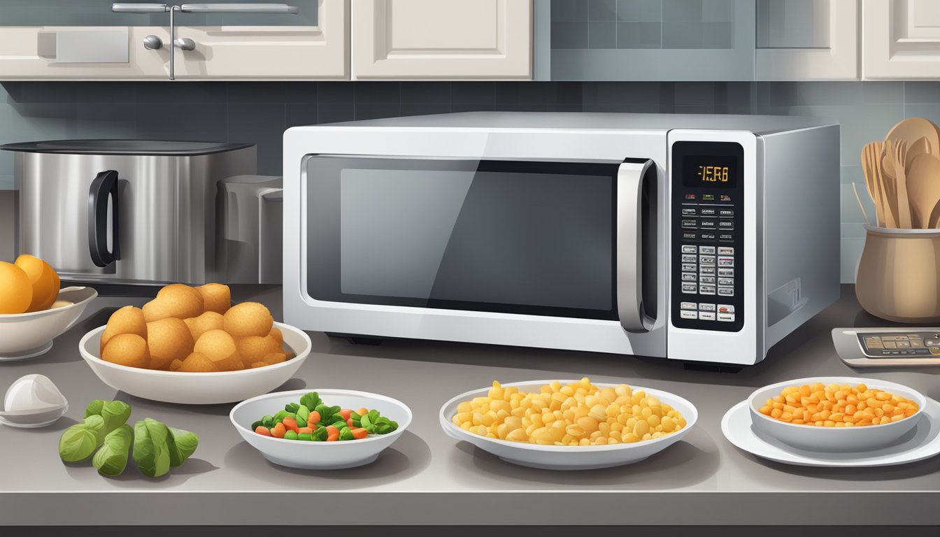 A microwave oven with a digital display and keypad, surrounded by various food items and utensils on a kitchen countertop