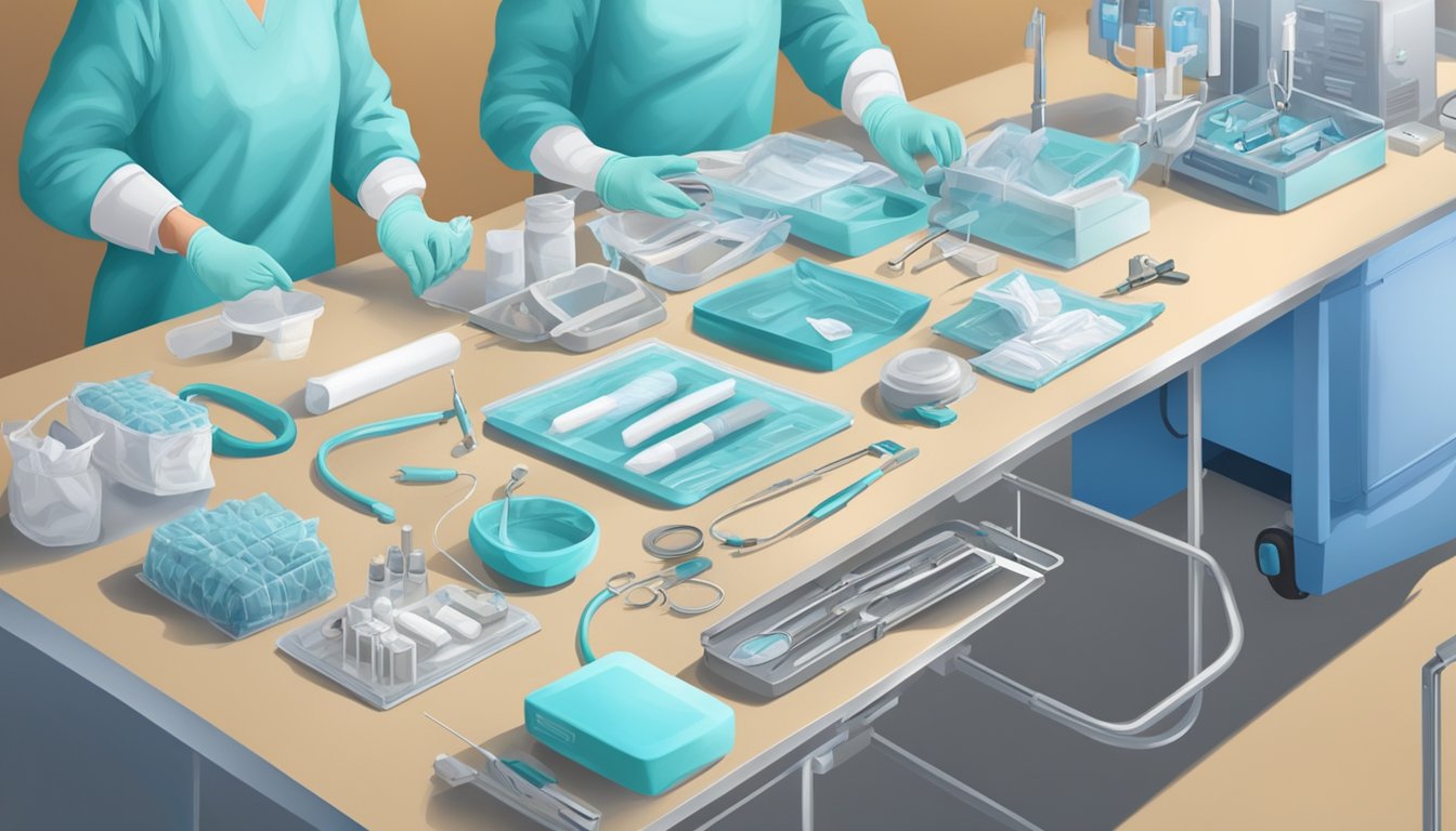 A surgeon and nurse prepare medical equipment for pacemaker surgery. Instruments, gloves, and a sterile field are laid out on a table