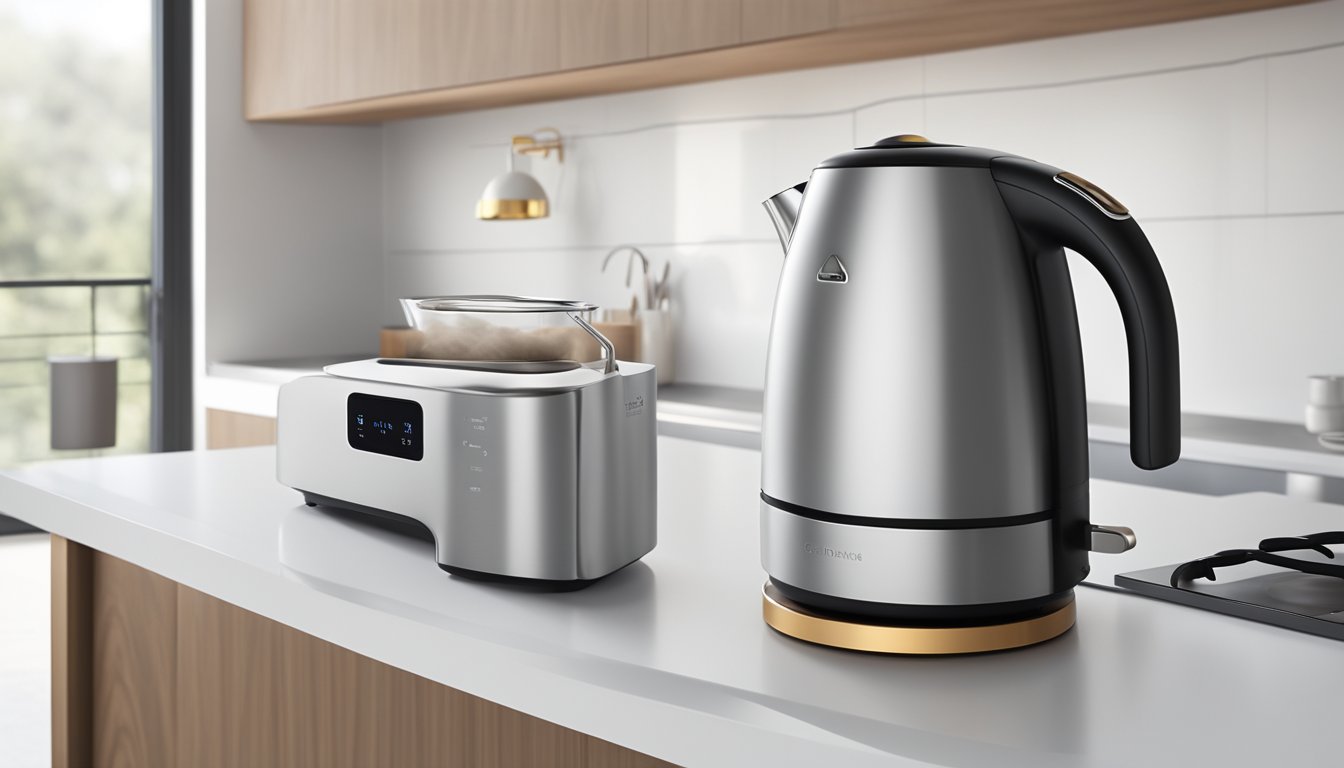 An electric kettle sits on a sleek, modern countertop, steam rising from its spout. A single switch is flipped, and the kettle quickly heats water with a soft hum
