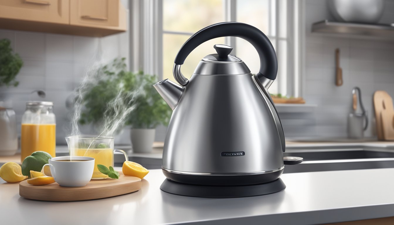 An electric kettle sits on a kitchen countertop, steam rising from its spout as it heats water. A cord trails from the base, plugged into a nearby outlet