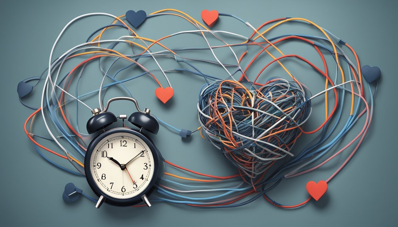 A heart surrounded by tangled wires, with a clock showing midnight, symbolizing insomnia and the struggle of congestive heart failure