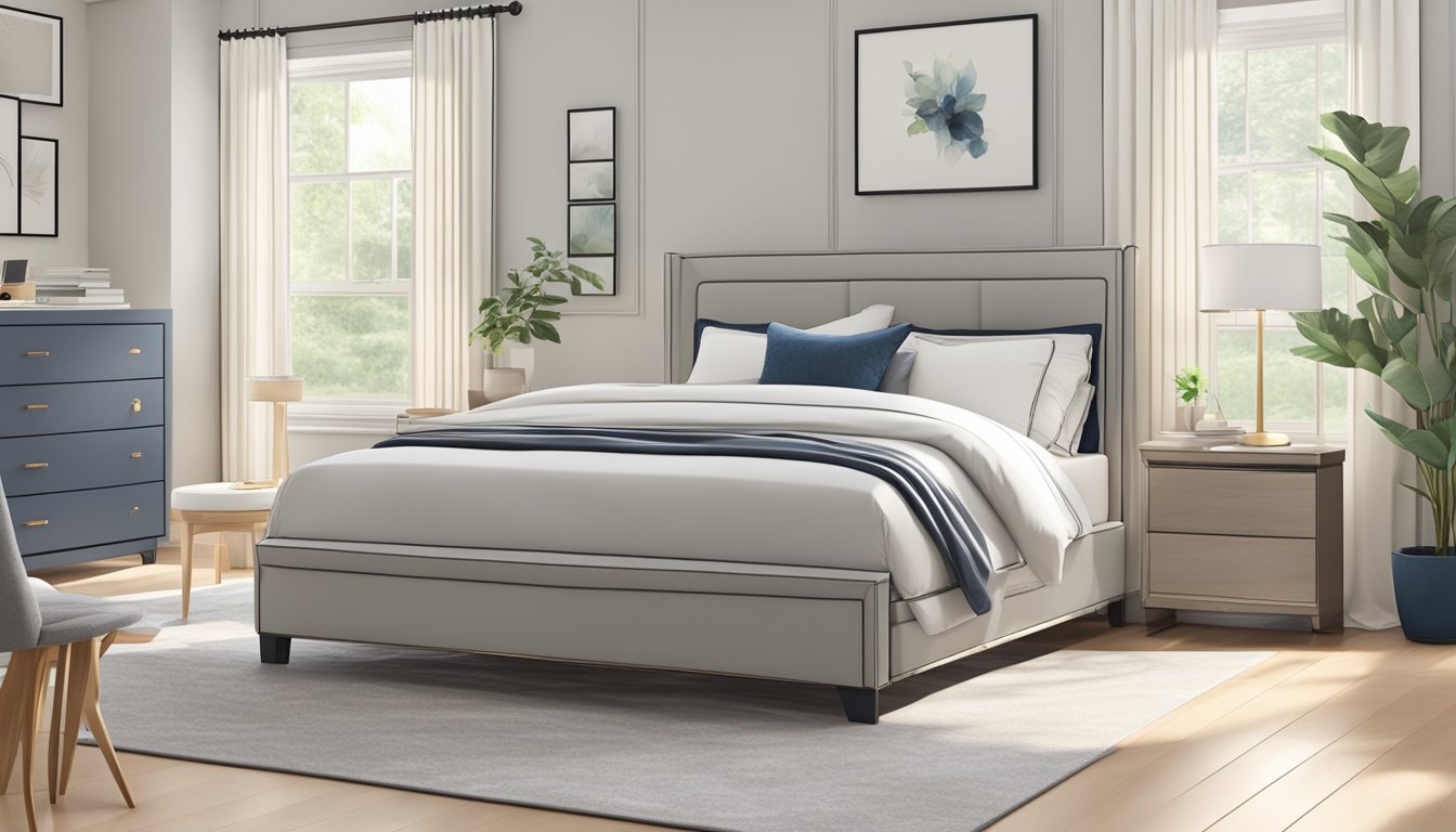 A queen size bed frame sits in a spacious, well-lit bedroom, adorned with clean, minimalistic design and sturdy construction