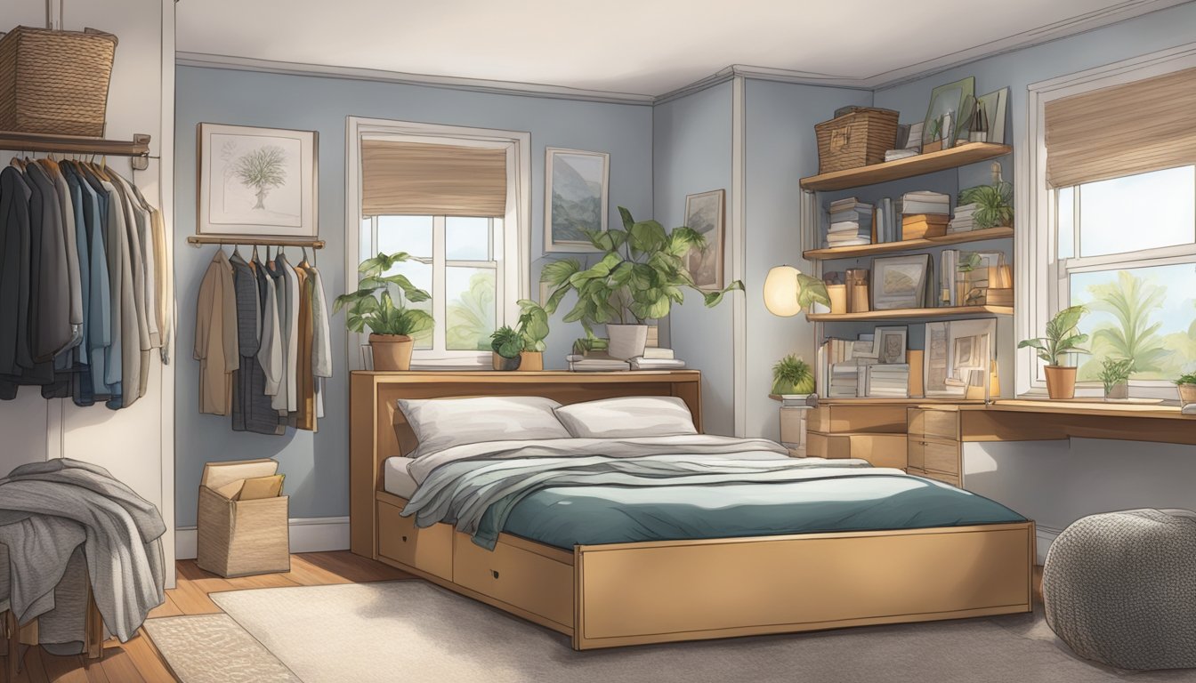 A cluttered bedroom transforms into an organized oasis with a storage bed frame. Clothes, books, and personal items are neatly tucked away, creating a spacious and serene environment