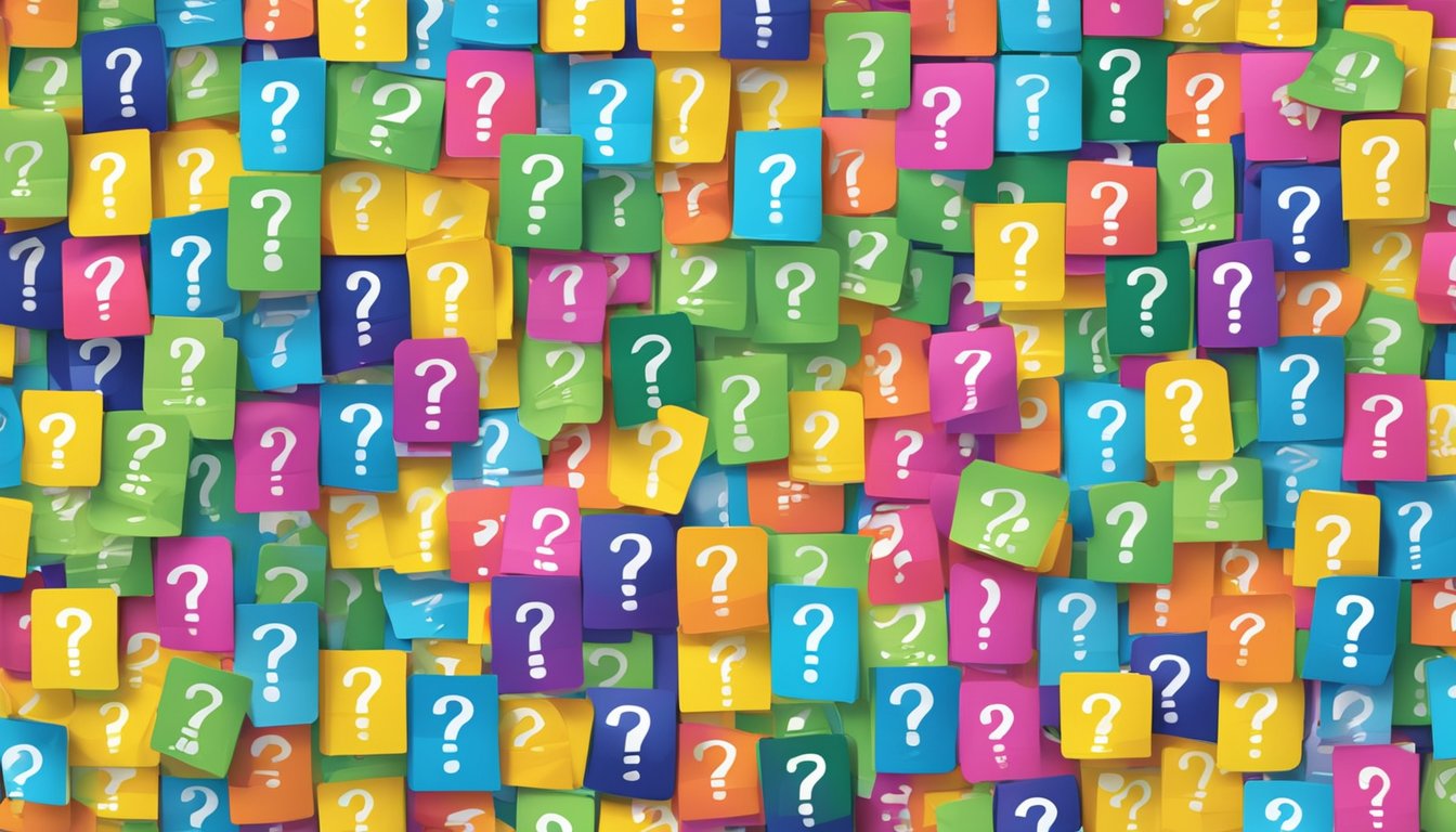 A colorful display of "Frequently Asked Questions" signs with smiling faces and helpful information