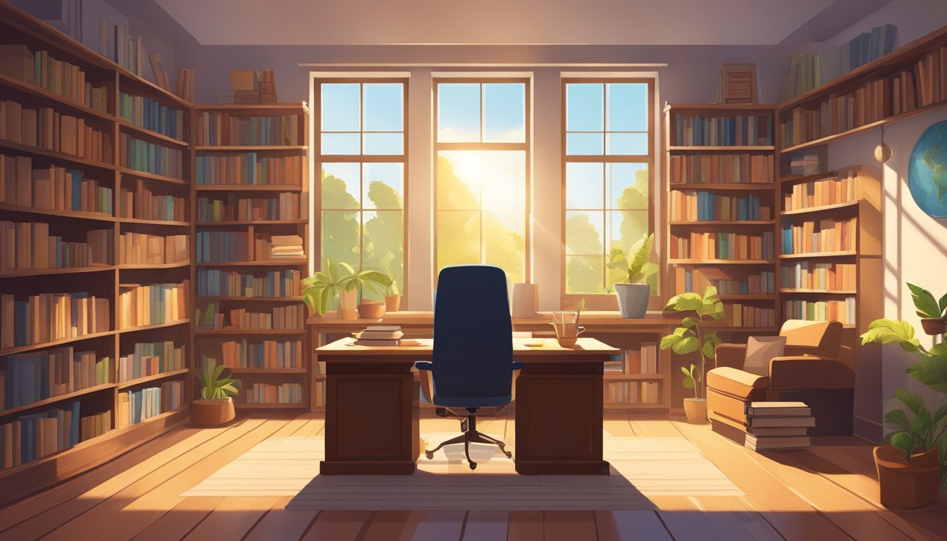 A study room with a large wooden desk, shelves filled with books, a cozy reading chair, and a window with sunlight streaming in