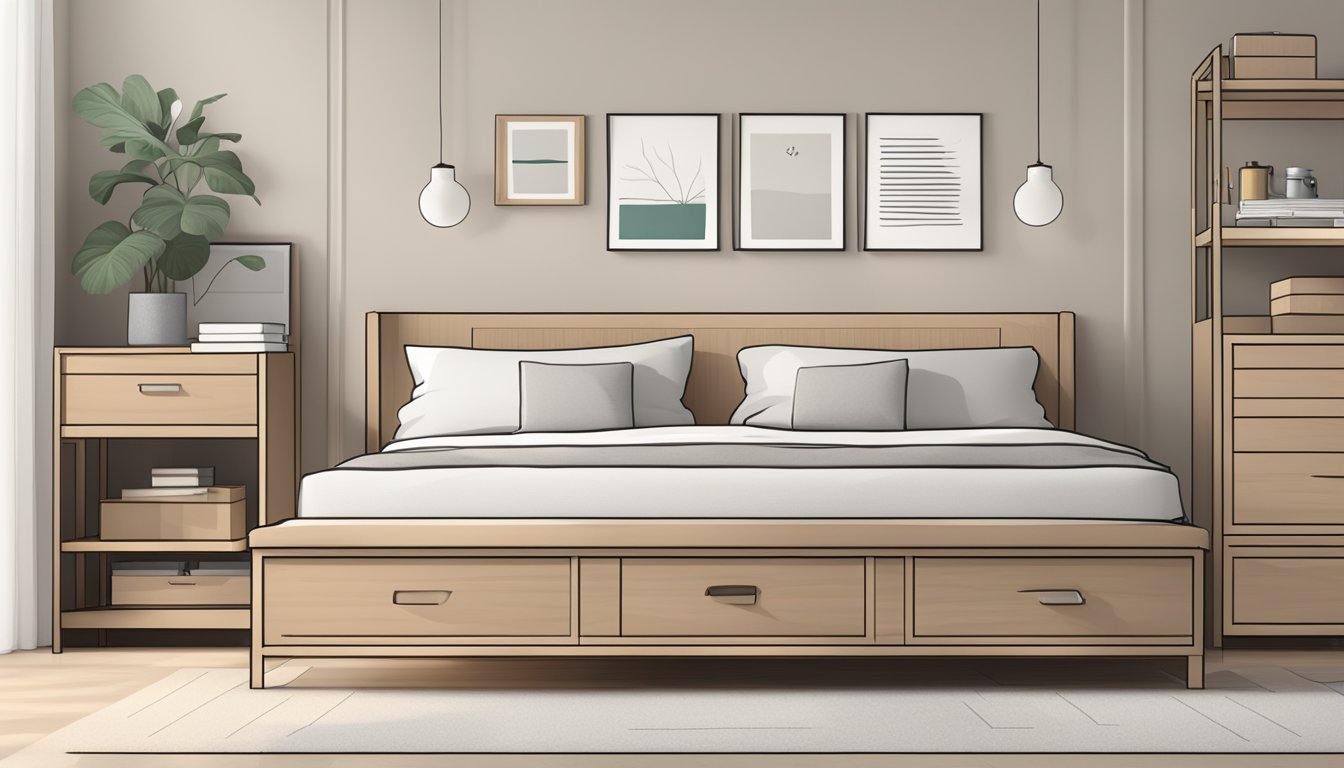 A storage bed frame with drawers, labeled "Frequently Asked Questions," against a minimalist bedroom backdrop