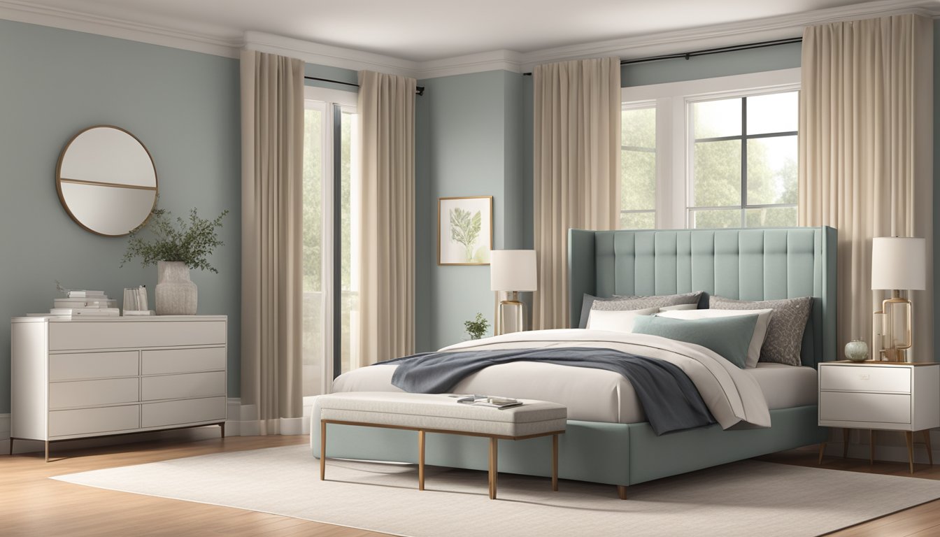 A sleek, modern queen size bed frame stands in a spacious, well-lit bedroom with neutral-colored walls and plush bedding