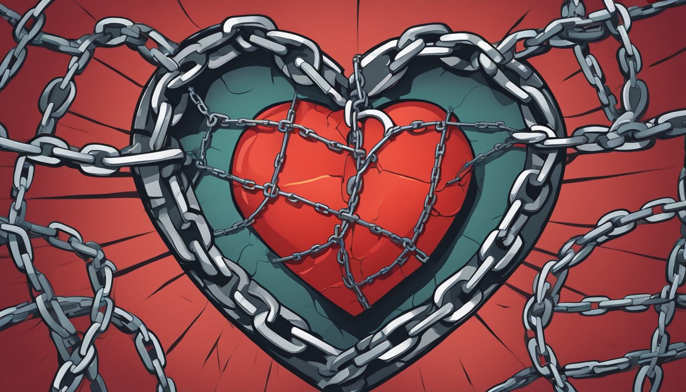 A heart surrounded by broken chains, with a crack running through it, symbolizing consecutive heart failure