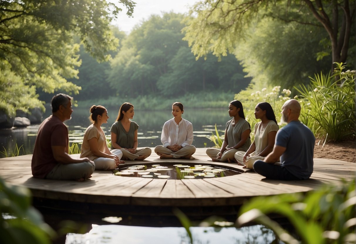 A serene outdoor setting with a peaceful pond, surrounded by lush greenery and blooming flowers. A group of diverse individuals are seated in a circle, engaged in a mindfulness meditation session led by a calm and centered instructor