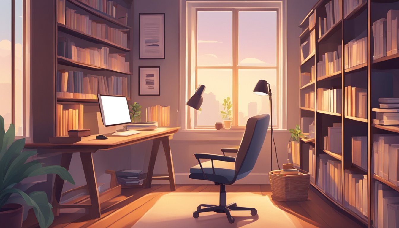 A cozy study room with a large desk, bookshelves, and a comfortable chair. Soft lighting and a peaceful atmosphere invite focus and productivity