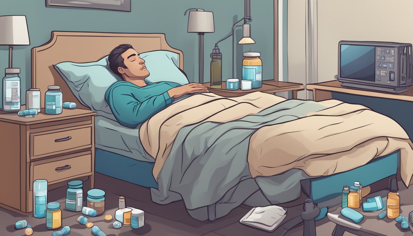 A patient with congestive heart failure struggles to sleep, tossing and turning in bed, surrounded by medication bottles and a bedside monitor