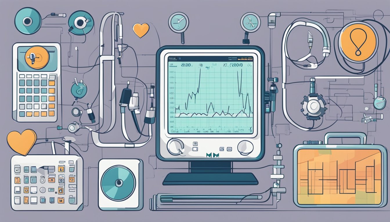 A heart monitor displaying erratic patterns, surrounded by medical equipment and charts