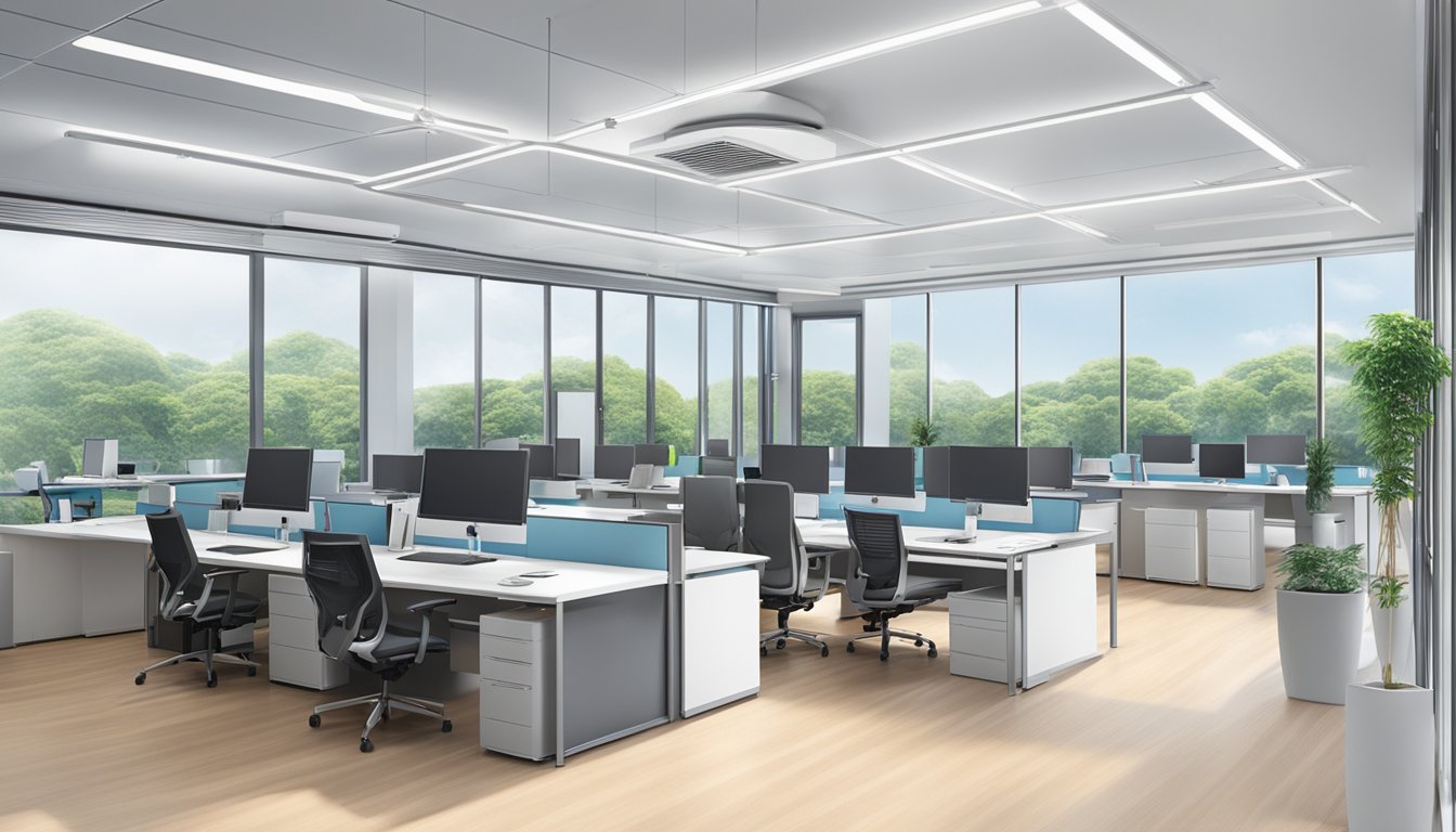 A modern office setting with sleek Daikin air conditioning units installed throughout, showcasing the commitment to excellence of Daikin Airconditioning Singapore Pte Ltd