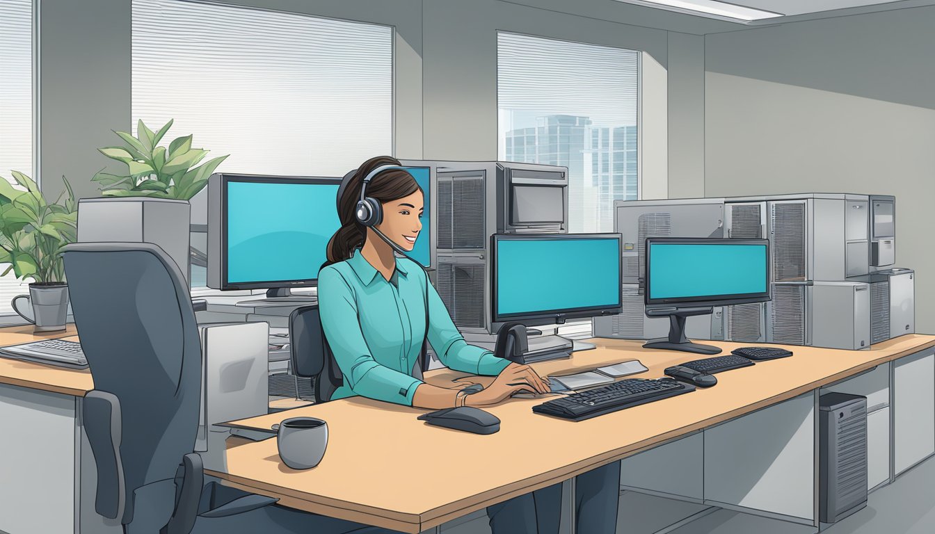 A customer service representative sits at a desk, surrounded by computer monitors and a phone, ready to assist with Daikin air conditioning inquiries