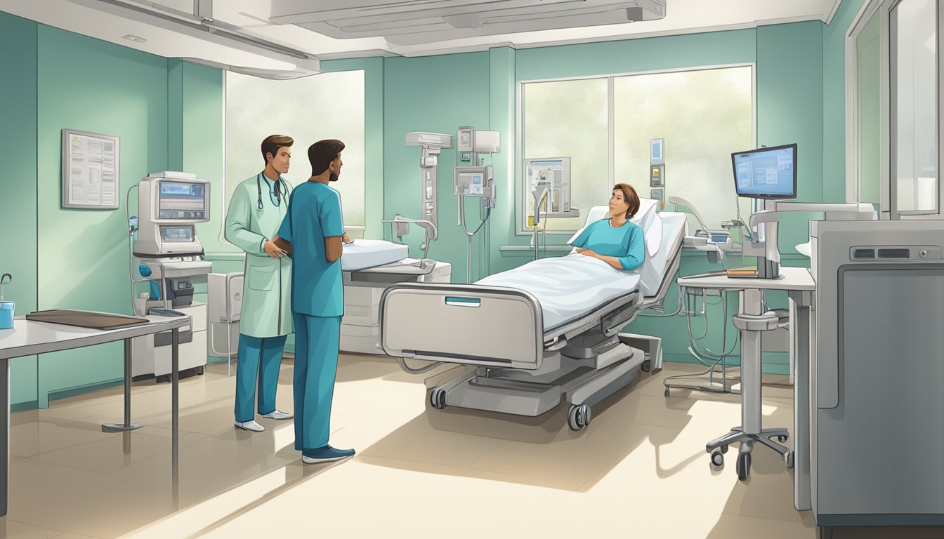 A hospital room with medical equipment, a patient's chart, and a doctor discussing treatment options with a concerned family