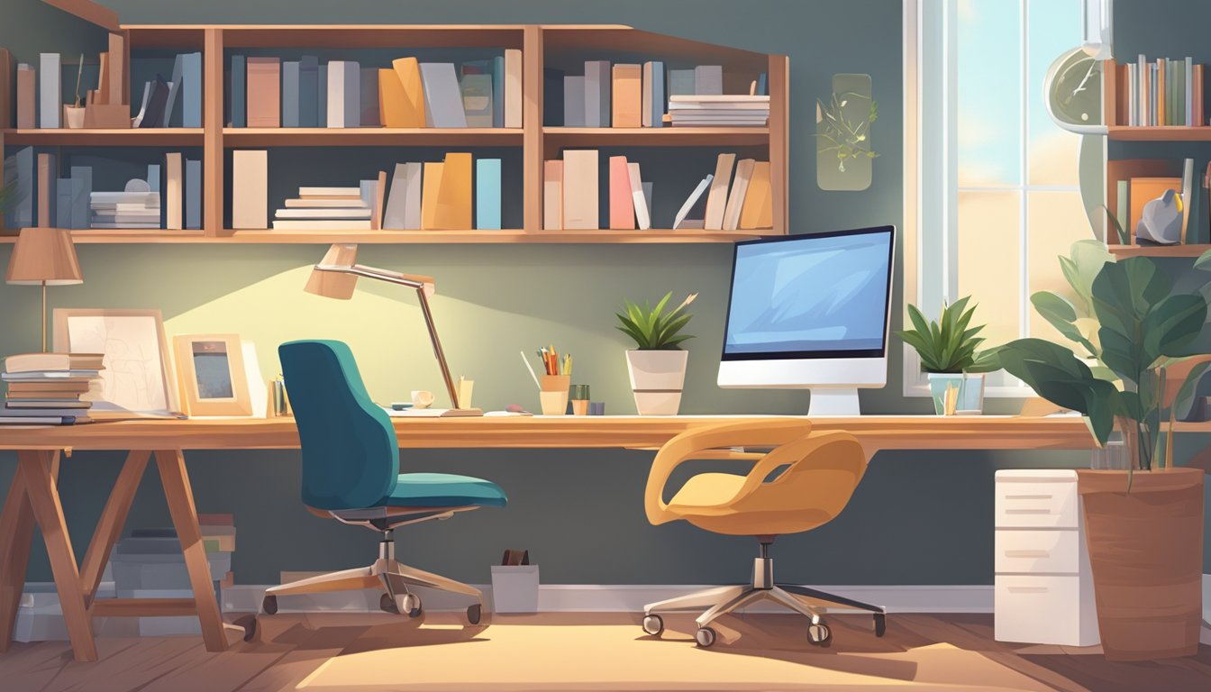 A well-lit study room with a spacious desk, ergonomic chair, bookshelves, and a cozy reading nook. The room is organized and clutter-free, with a motivational poster on the wall