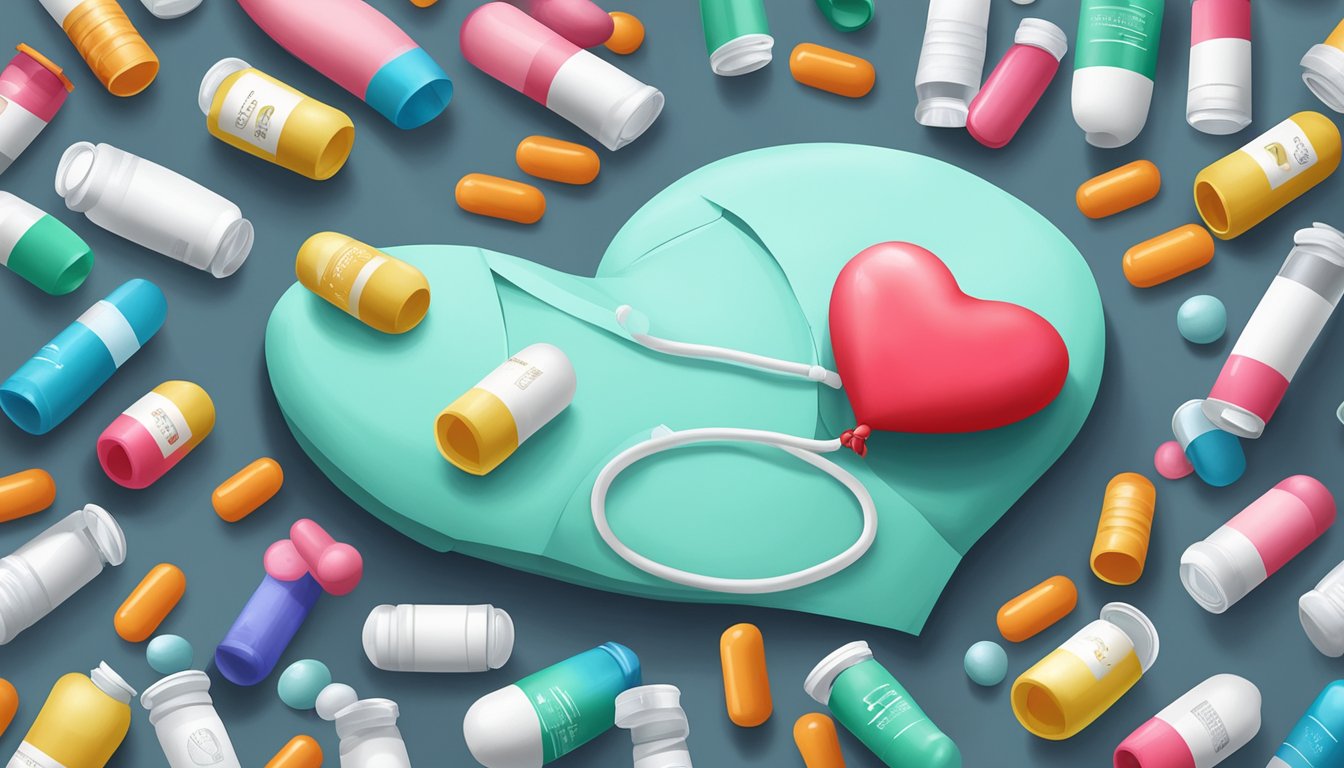 A heart-shaped balloon deflating, surrounded by scattered pill bottles and a hospital bed